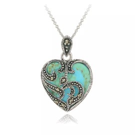 925 Sterling Silver Marcasite & Turquoise Heart Pendant Necklace – Vintage-Inspired Jewelry Gift