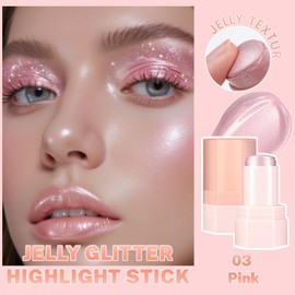 DAGEDA Shiny Jelly Highlighter Stick, Body Glitter Stick for Lips Cheeks Eyes,High-gloss Shimmering, Long-lasting Highlighter Pen for Daily Festival Makeup, 03 Pink