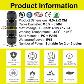 Electrical Plug Waterproof 2 and 3 Wire Junction Box Waterproof IP68 Domino Waterproof Outdoor Use Cable Connector Electrical Junction Box for Cable Diameter 3.5 to 8mm (3)