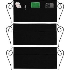 GREEN LIFESTYLE 3 Pack Server Aprons with 3 Pockets - Waist Apron, Waitress Apron for Women and Man, Water Resistant with Long Waist Strap Reinforced Seams, Half Apron (Black)