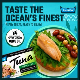 FinerFin Yellowfin Tuna Fillets in Organic Olive Oil | 3 Bean Salad Flavor | Premium Canned Tuna Fish with EVOO | Gourmet Ready-to-Eat Pole & Line Caught Fillets | 4.4oz can - 12 Pack