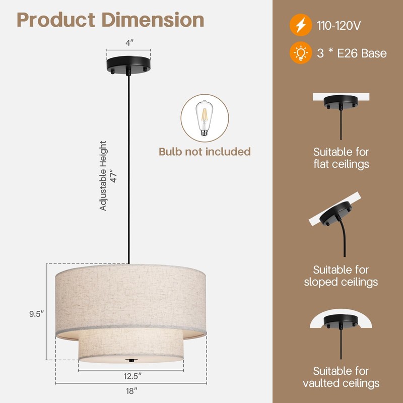 HILUXIA 18" Modern Double Drum Fabric Pendant Light, Large Hanging