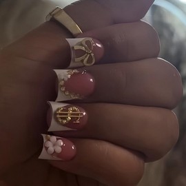 Short Press on Nails Duck Shaped Fake Nails 3D Flower and Golden Bow False Nails with Designs White French Tip Acrylic Nails Full Cover Stick on Nails for Women Nail Art Manicure 24 Pcs