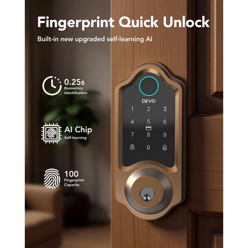 Devo G8 Smart Lock, Fingerprint Door Lock with Code, 6-in-1