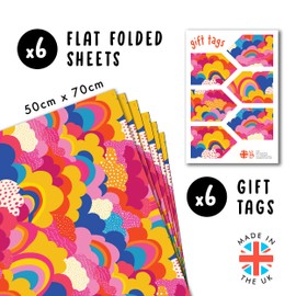 Girls Birthday Wrapping Paper - Colourful Clouds - 6 Sheets Of Gift Wrap For Women - For Hen Do Anniversary Holiday - Comes With Stickers - Recyclable - By Central 23