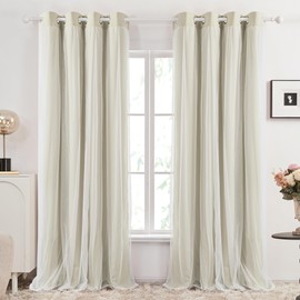 Deconovo Sheer Layered Blackout Curtains 84 Inches Long, Double Layer Thermal Insulated Curtains for Bedroom, 2 Tie Backs, Grommet Room Darkening Window Drapes, Light Beige, 52x84 Inch, 2 Panels