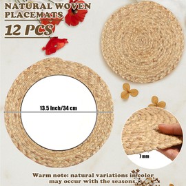 Kochorie Set of 12 Round Woven Placemats 13.5-Inch Natural Water Hyacinth Plant Placemats Hand-Woven Boho Rattan Placemat Wicker Weave Table Mats for Home Dinner Plates Holiday Supplies