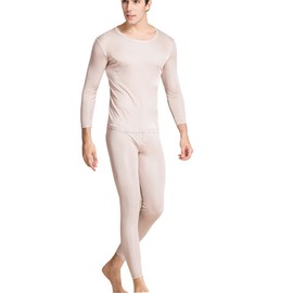 METWAY Silk Long Underwear Men's Mulberry Silk Long Johns Top and Bottom Thermal Underwear Set/Base Layer Medium Beige
