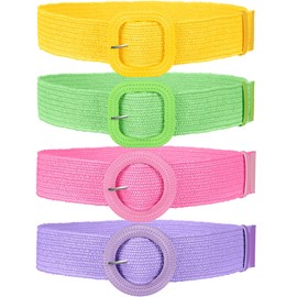WILLBOND 4 Pcs Straw Woven Belt Elastic Stretch Rattan Buckle Waist Belt Women Skinny Raffia Dress Waist Band(Gentle Color,Medium)