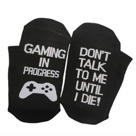 Himozoo Gaming Socks Funny Saying GAMING IN PROGRESS, DON'T TALK TO ME UNTIL I DIE!' Socks,Novelty Gifts for Men Women (Gamer Socks-Black)