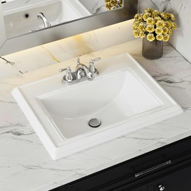 23"W x 18"D Drop In Bathroom Sink With 3 Holes for 4" Centerset Faucets, Los Flexi 23 Inch Vintage Style Rectangular Ceramic Vanity Top for Bathrooms, White Bathroom Drop-In Sink with Front Overflow