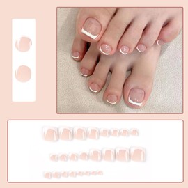 Boloshine 24Pcs Press on Toe Nails, Short Square False Toenails French Tip Toe Nails, Glossy Full Cover Stick on Toenails, Removable Summer Fake Toe Nails for Women and Girls - Silver Crescent