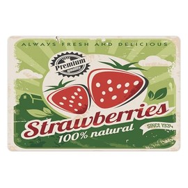 Lunarable Strawberry Pet Mat for Food and Water, Farmers Market Poster Design with Grunge Worn Out Effect, Non-Slip Rubber Mat for Dogs and Cats, 18" X 12", Red Green