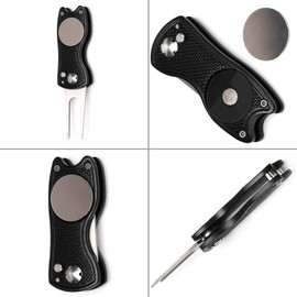 FINGER TEN Golf Divot Repair Tool and 3 US Ball Markers Switchblade Gift Pack, Foldable Magnetic Stainless Steel with Pop-up Button for Men Women (Black 2Pcs)