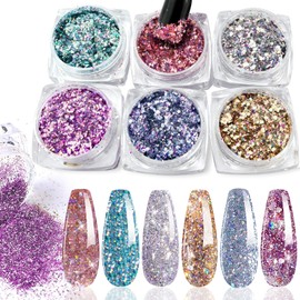 Holographic Nail Art Glitter Sequins, 6 Boxes 3D Mermaid Flake Nails Glitter, Shining Flakes Acrylic Powder Dust for Nails Decoration,HJ-ND118