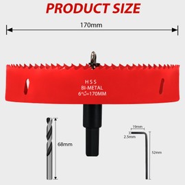 KACNON Hole Saw 170 mm, Universal High-Speed Steel HSS M42 Bi-Metal Hole Saws with Hex Shank and Drill, Complete Sizes, for Wood, Plastic, Plasterboard, Sheet Metal, Red
