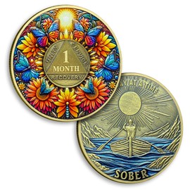 1 Month Sobriety Coin Sunflower One Month Sobriety Coins Butterfly AA Chips and Medallion One Day at A Time AA NA Coin Recovery Token Sobriety Gifts for Men Women Alcoholics Anonymous Gift
