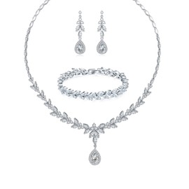 Zolkamery Women's Wedding Jewellery Set, Silver/Rose Gold/Gold Necklace & Bracelet & Earrings Hanging Set, Bridal Jewellery Set with 5A White Zirconia with Jewellery Box for Engagement Party, Stone,
