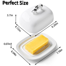 Butter Dish with Lid for Countertop, 7.8" x 6.3" Large Ceramic Butter Keeper Container with Cow Handle, White Butter Holder Tray for East West Coast Butter Stick, Microwave & Dishwasher Safe