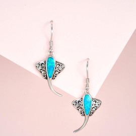 Kissdove Blue Manta Ray Sterling Silver Earrings for Women - Ocean-Inspired Hook Earrings with Adjustable 18-20 Inch Silver Chain, Gift Box Included