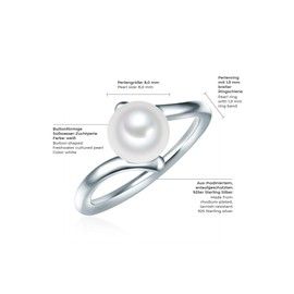 Valero Pearls Women's Ring Wave Sterling Silver 925 Freshwater Cultured Pearls Button 8 mm White - Modern Ring for Women Pearl Ring Freshwater Pearl, Sterling Silver