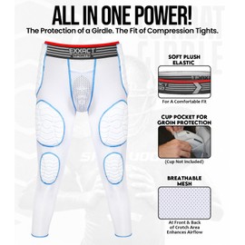 Exxact Sports Combat Men's Padded Compression Leggings, 7-Pad Football Girdle Pants with Cup Pocket, Integrated Hip, Thigh, Knee & Tailbone Protection for Game-Day (White, AL)