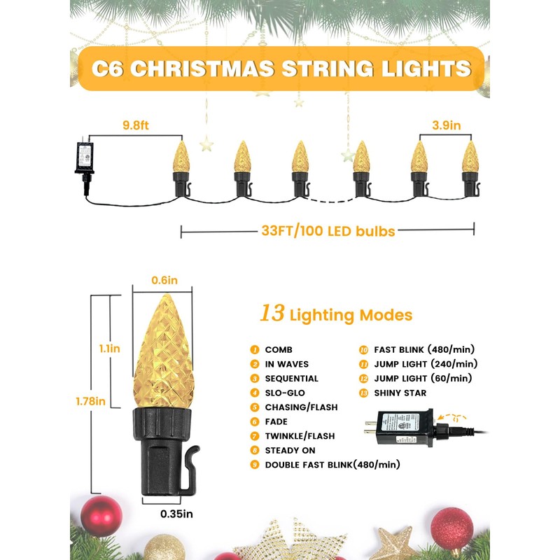 2 Pack C6 Christmas Lights Outdoor Indoor, Total 200 LED