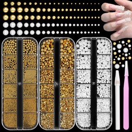 Caviar Beads for Nails, Gold White Pearls Nail Beads Charms, Mix Size Nail Caviar Beads Half Flatback Pearls for Nail, Nail Beads Charms for Nails Design DIY Crafts Accessories