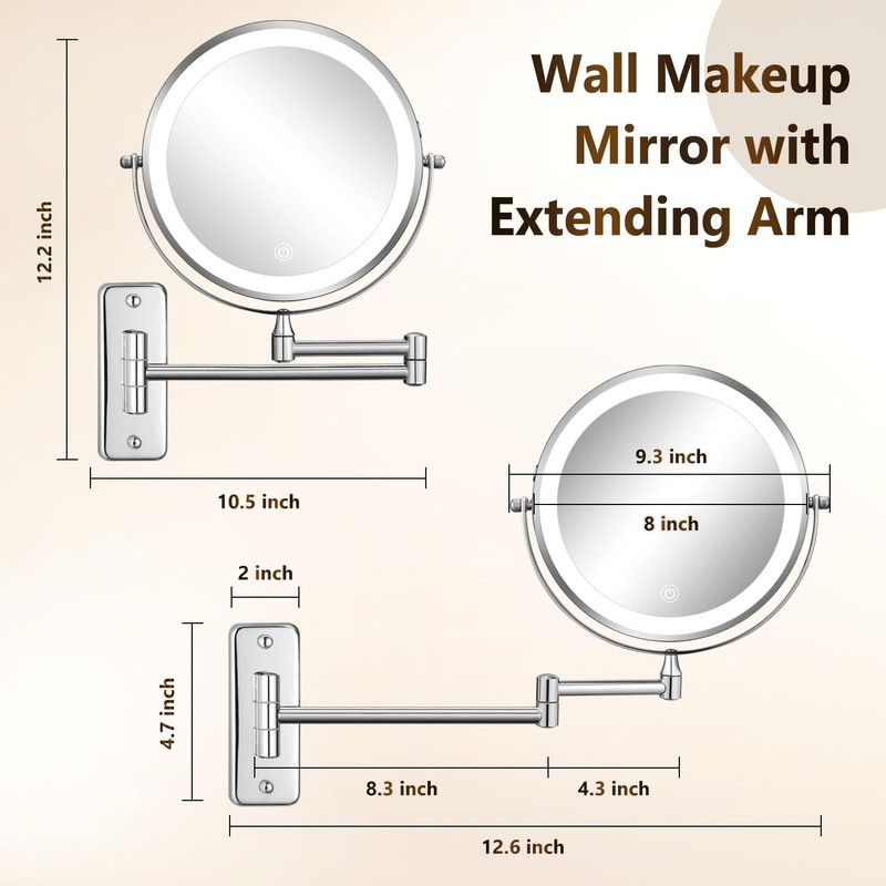 DECLUTTR Wall Mounted Lighted Makeup Mirror, Rechargeable 1X/15X Magnifying Mirror