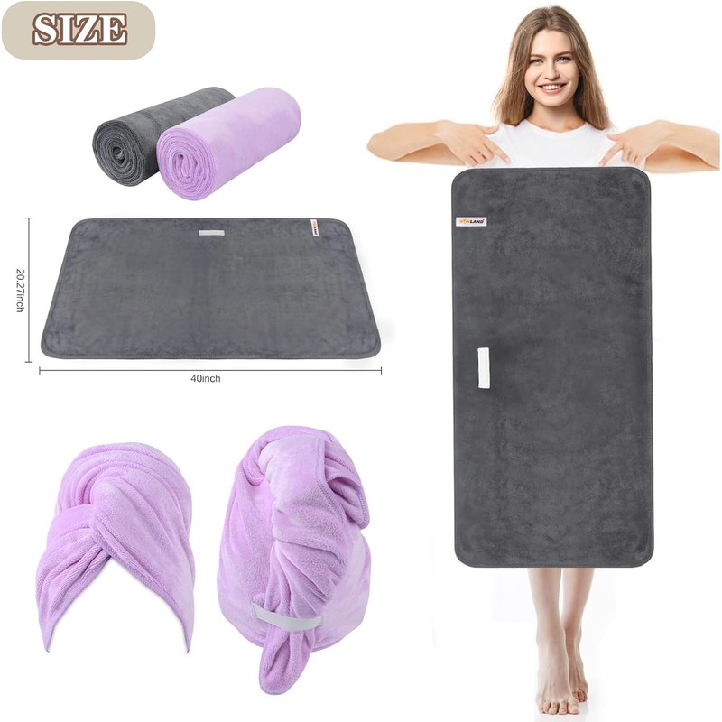 SUNLANDマイクロファイバーヘアドライタオル超吸収性速乾性マジックヘアターバン グレー 紫の 100×50cm (2枚)