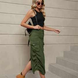 Women's Denim Cargo Long Skirts High Waist Elastic Waisted Pencil Skirt Midi Length Jean Skirt with Cargo Pockets Army Green XX-Large