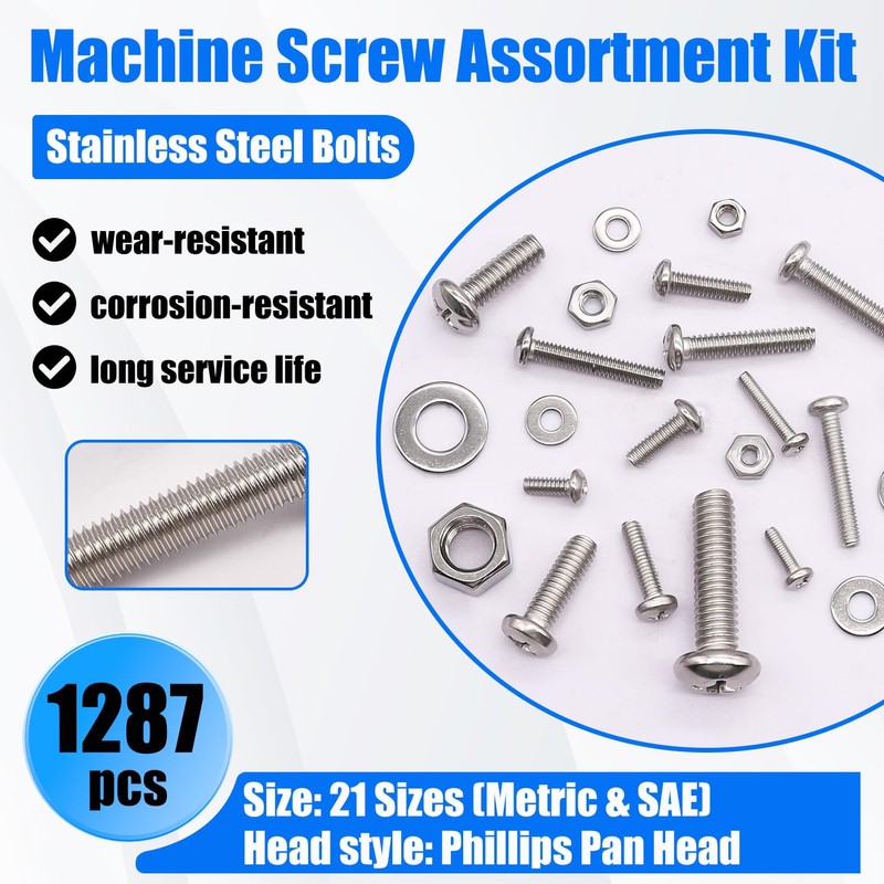 Bemaka 1287Pcs Nuts and Bolts Assortment Kit, 304 Stainless Steel