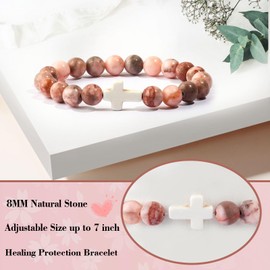 Cross Bracelet for Girls 8mm Bead Bracelet Baptism Communion Confirmation Easter Christmas Christian Birthday Grade Graduation Gifts (Happy First Communion)