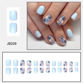 Blue Short Press on Nails Square Cute flower Fake Nails Daisy Flower Acrylic Nails Reusable Glossy Glue on Nails Spring Press on Nails Glossy Artificial Nails for Women Manicure 24pcs