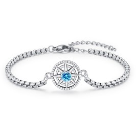 OHAYOO Compass Bracelet 925 Sterling Silver Eight-Tone Star Bracelet Birthstone Bracelet Jewellery for Unisex Women Men Girls Teenager Gifts, 22 cm, Sterling Silver
