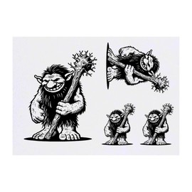 4 x 'Nordic Troll With Club' Temporary Tattoos - Water Resistant, Skin-Safe, Non-Toxic Transfers, Mixed Sizes (TO00076064)