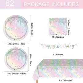 Iridescent Diamond Plate Birthday Party Supplies Decorations, Disposable Holographic Paper Tableware Includes 40 Plates 20 Napkins and 1 Tablecloth for Girls Kids Birthday Theme Party, Serve 20