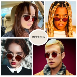 MEETSUN Small Round Polarized Sunglasses for Men Women Retro Vintage Circle Hippie Sun Glasses UV400(Black Frame-Red Lens)