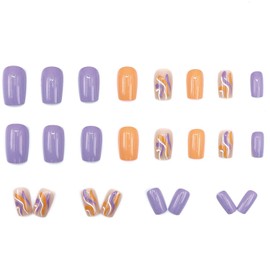 Press on Nails Medium Square Fake Nails Swirls Glue on Nails Purple & Orange Full Cover Acrylic Nails Simple Artificial Ripple Stick on Nails for Women 24 Pcs