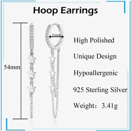 Deyanse Hoop Earrings for Women, 925 Sterling Silver Long Tassel Star Chains Dangling Earrings Hanging, Hypoallergenic Dangle Hanging Earrings with Zirconia, White Gold Huggie Drop Earrings for Party