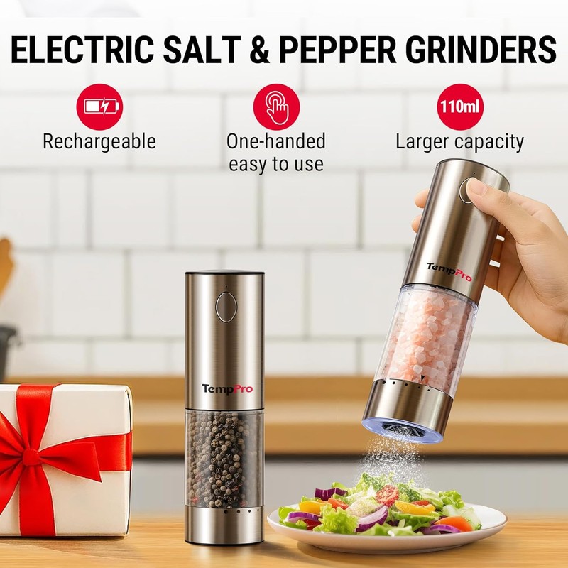 TempPro 100ml Electric Salt and Pepper Grinder Set Rechargeable, Automatic