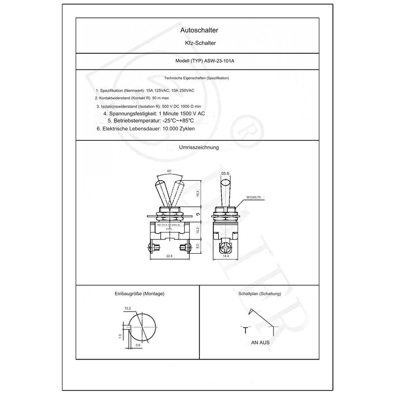 Car Toggle Switch SPST 2 Pin On/Off Switch DC 12V