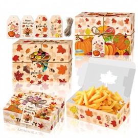 YVAINE 24pc Fall Thanksgiving Cookie Boxes with Gift Tags Hemp Rope,Maple Leaf Shape Window Gift Cardboard Paper Treat Bakery Boxes for Harvest, Thanksgiving Goodie Candy Party Supplies