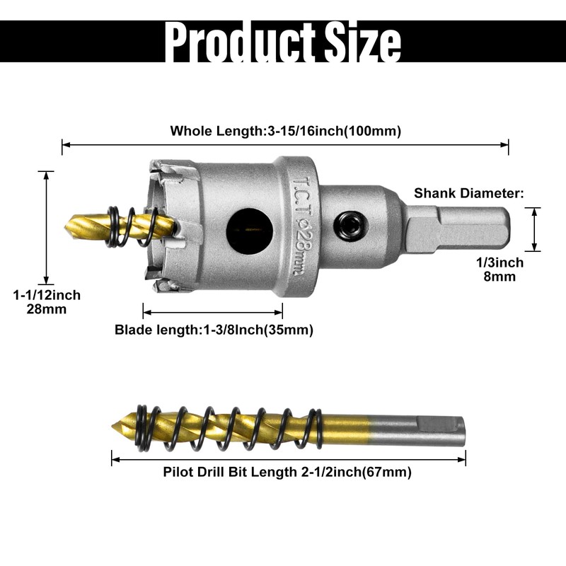 SALI 1-1/12" (28mm) TCT Hole Saw Kit Tungsten Carbide Tipped