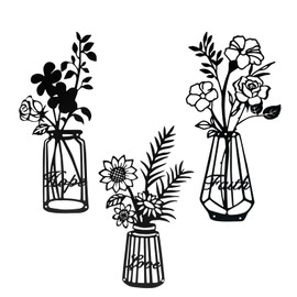 3 Pcs Black Metal Flowers Vase Wall Art Hanging Decor, Tulip Flower Plant Minimalist Plant Wall Decor, Vase Floral Wall Art Decoration for Staircase Living Room Kitchen Decor