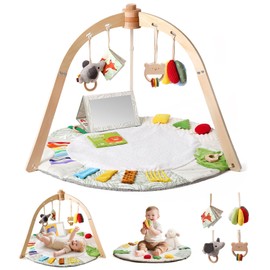 Macabaka Wooden Baby Play Gym & Tummy Time Playmat – Montessori Sensory Activity Mat with 6 Developmental Toys for Fine Motor Skills – for Newborns to Toddlers (0–12M+)