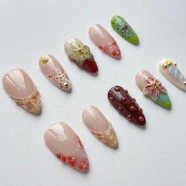 Luxury Press on Nails Medium Almond Handmade 3D Unique Reusable ABS Material Fake Nails French Tip False Nails with Designs Starfish Water Drop Red Flower Glossy Glue on Nail Thick Acrylic Nail(M)