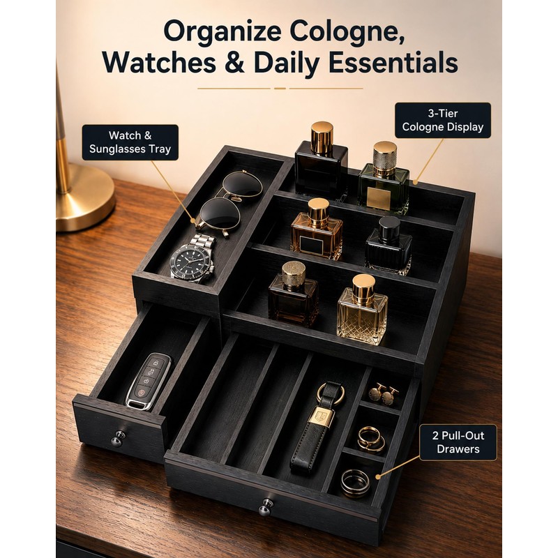 2-Drawer Cologne Organizer for Men, Fully Assembled, Solid Pine, Black/Gray