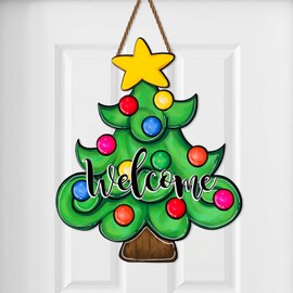 Whaline Christmas Tree Wooden Hanging Sign Xmas Tree Welcome Wood Sign Colorful Door Decor Sign for Indoor Outdoor Porch Wall