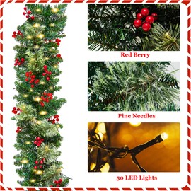 9FT Christmas Garland with Lights, Prelit Artificial Christmas Garland with Pine Cones, Battery Operated Lighted Christmas Mantle Garland for Walls Stairs Railing Fireplace Indoor Outdoor Door, Green